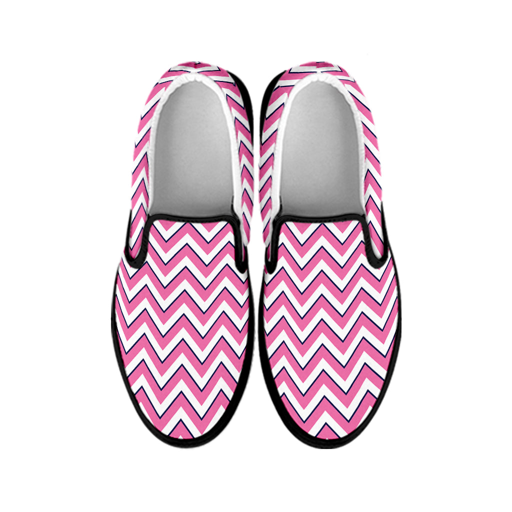 Pink White And Navy Chevron Print Black Slip On Shoes