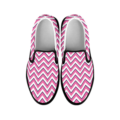 Pink White And Navy Chevron Print Black Slip On Shoes