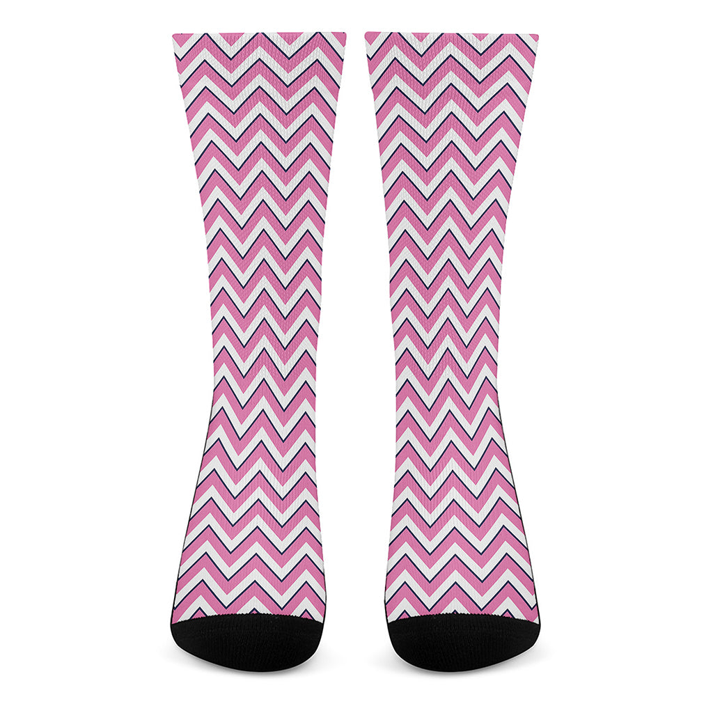 Pink White And Navy Chevron Print Crew Socks