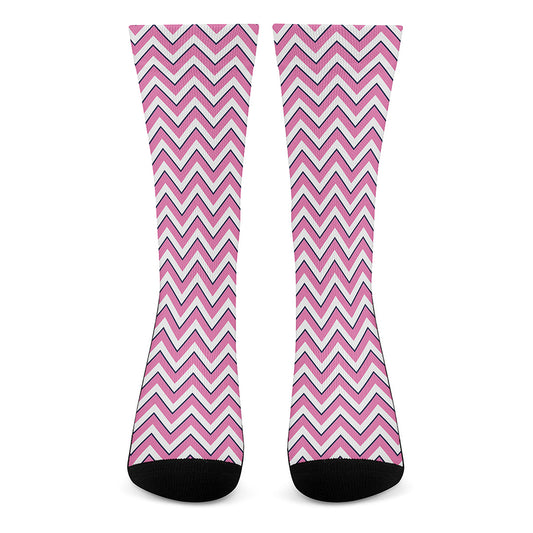 Pink White And Navy Chevron Print Crew Socks