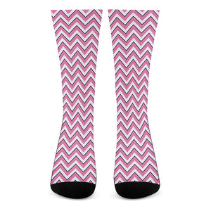 Pink White And Navy Chevron Print Crew Socks