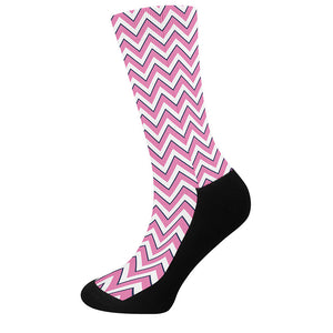 Pink White And Navy Chevron Print Crew Socks