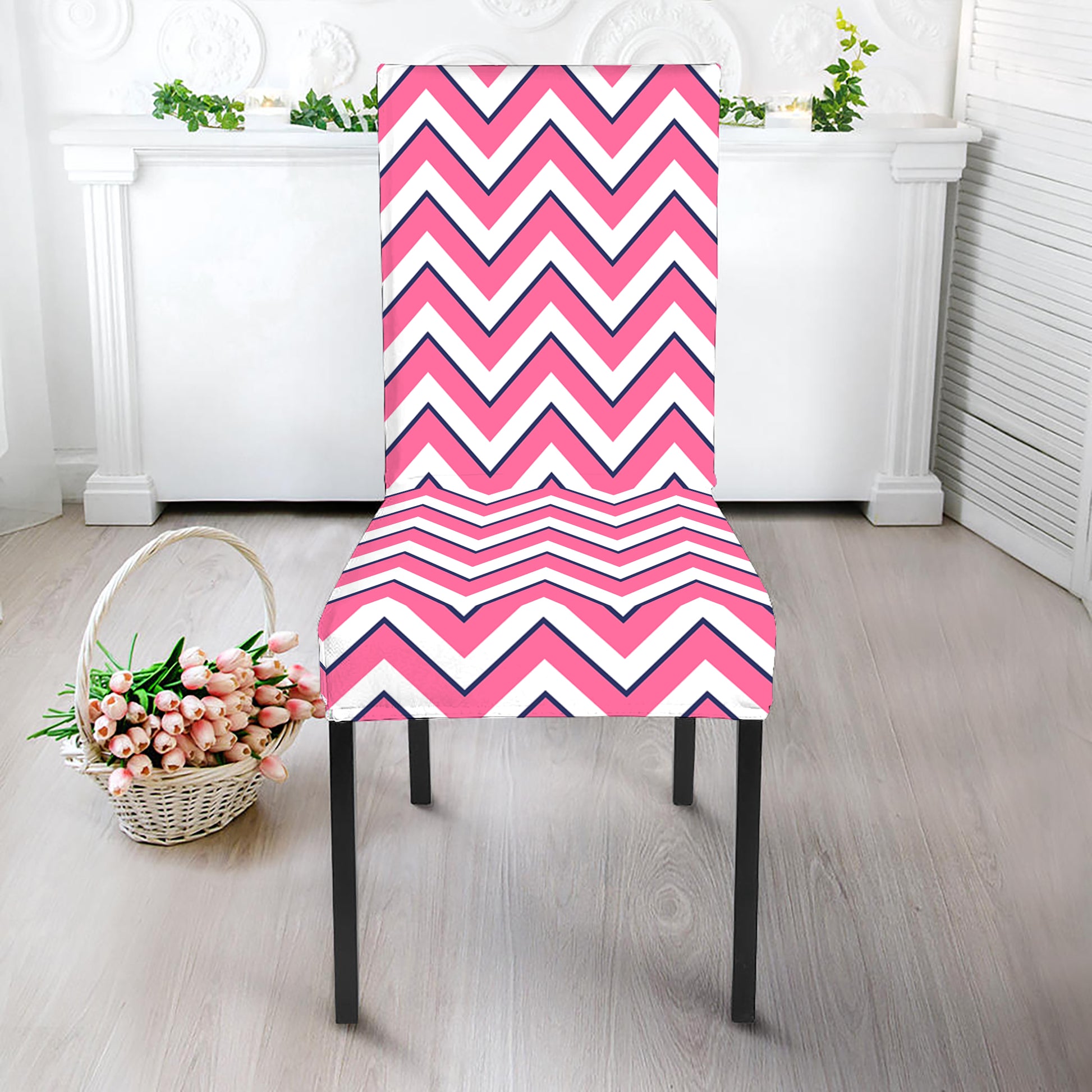 Pink White And Navy Chevron Print Dining Chair Slipcover