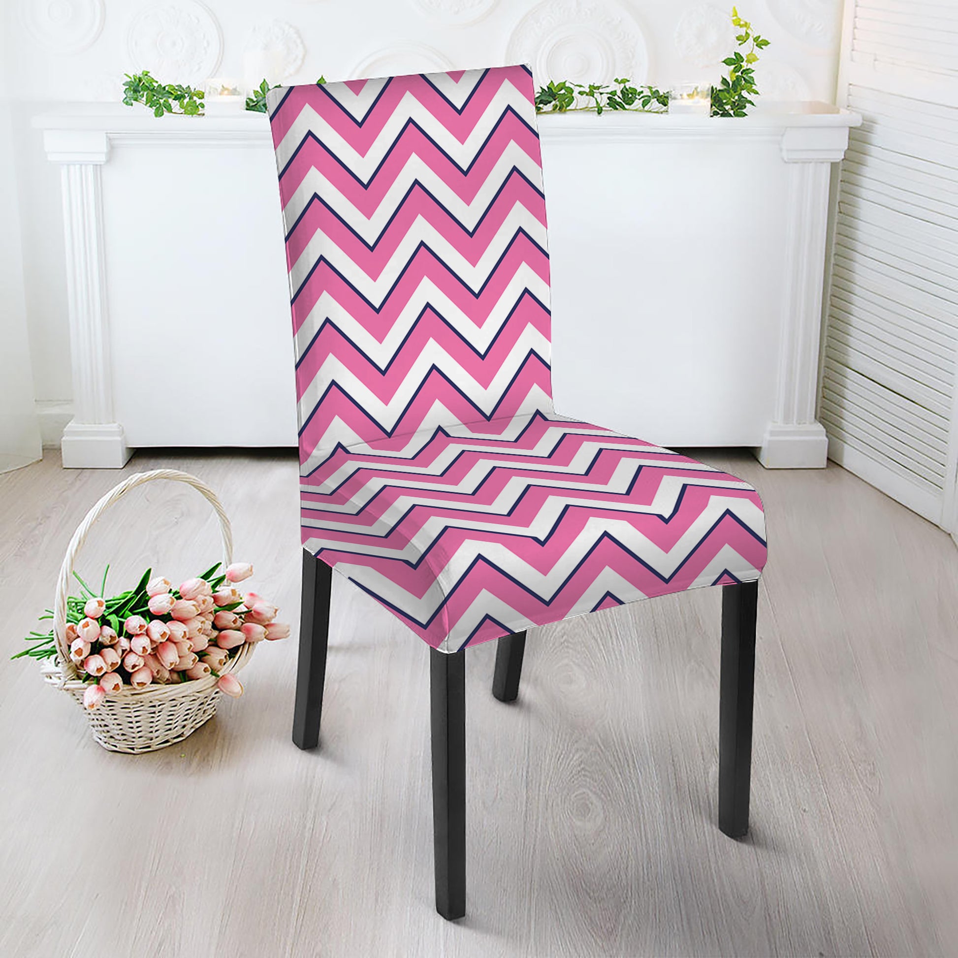 Pink White And Navy Chevron Print Dining Chair Slipcover
