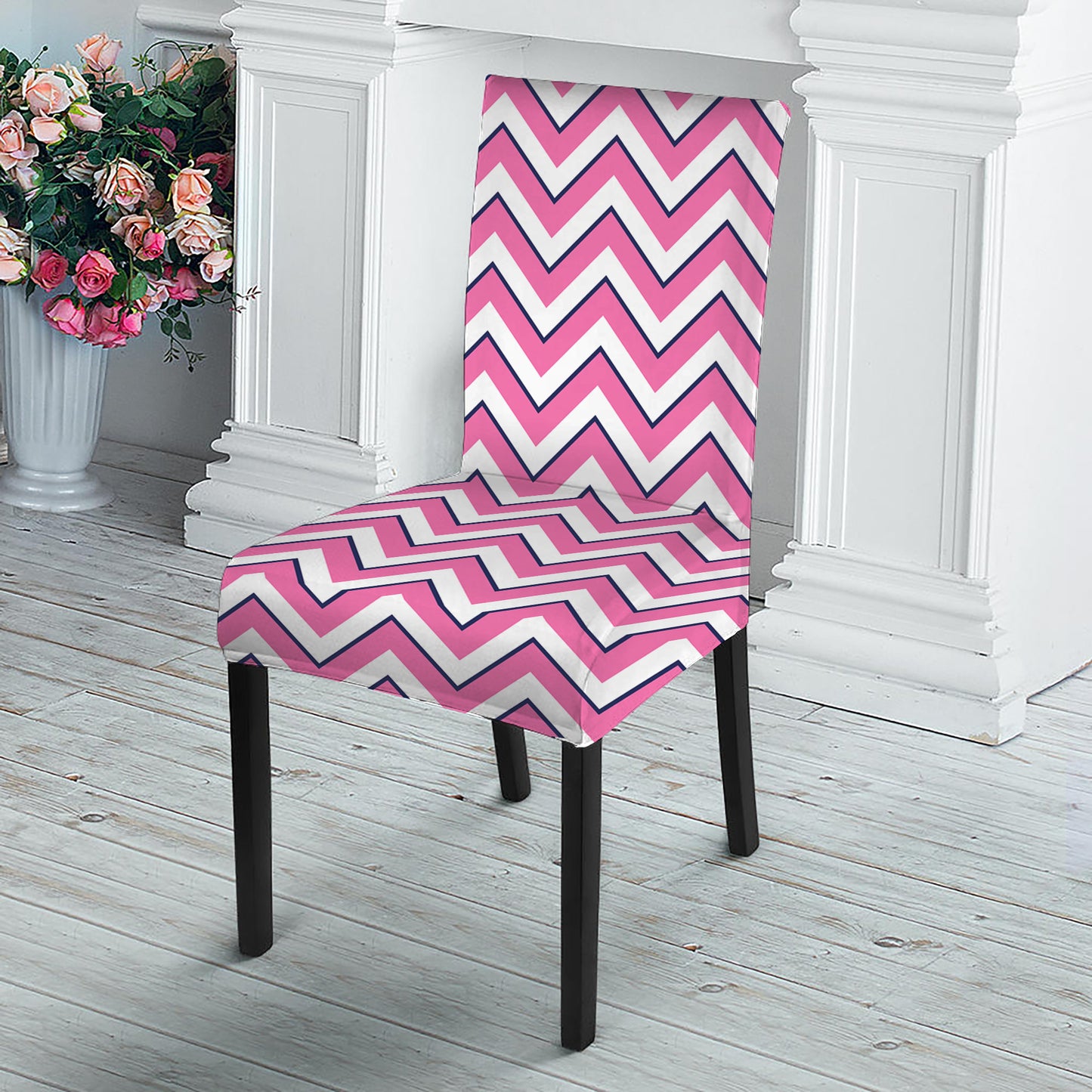 Pink White And Navy Chevron Print Dining Chair Slipcover