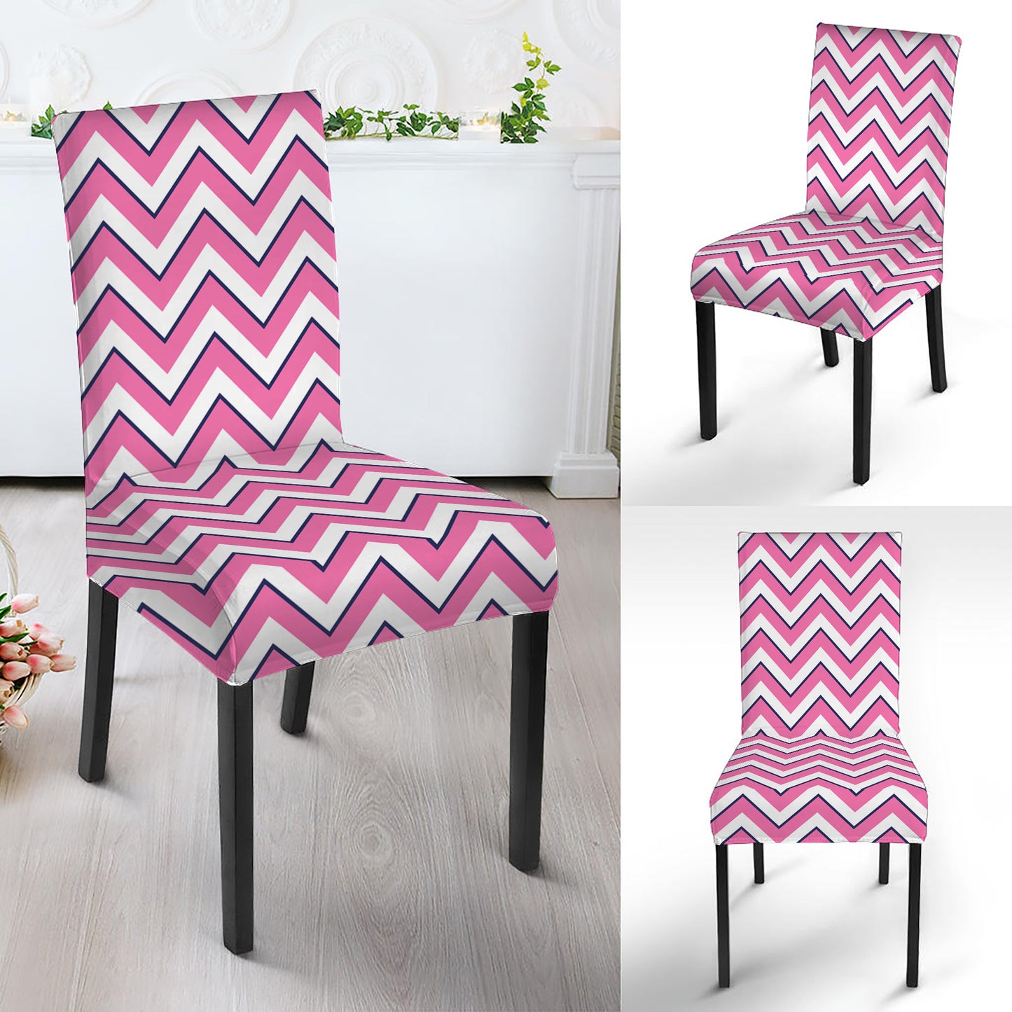 Pink White And Navy Chevron Print Dining Chair Slipcover