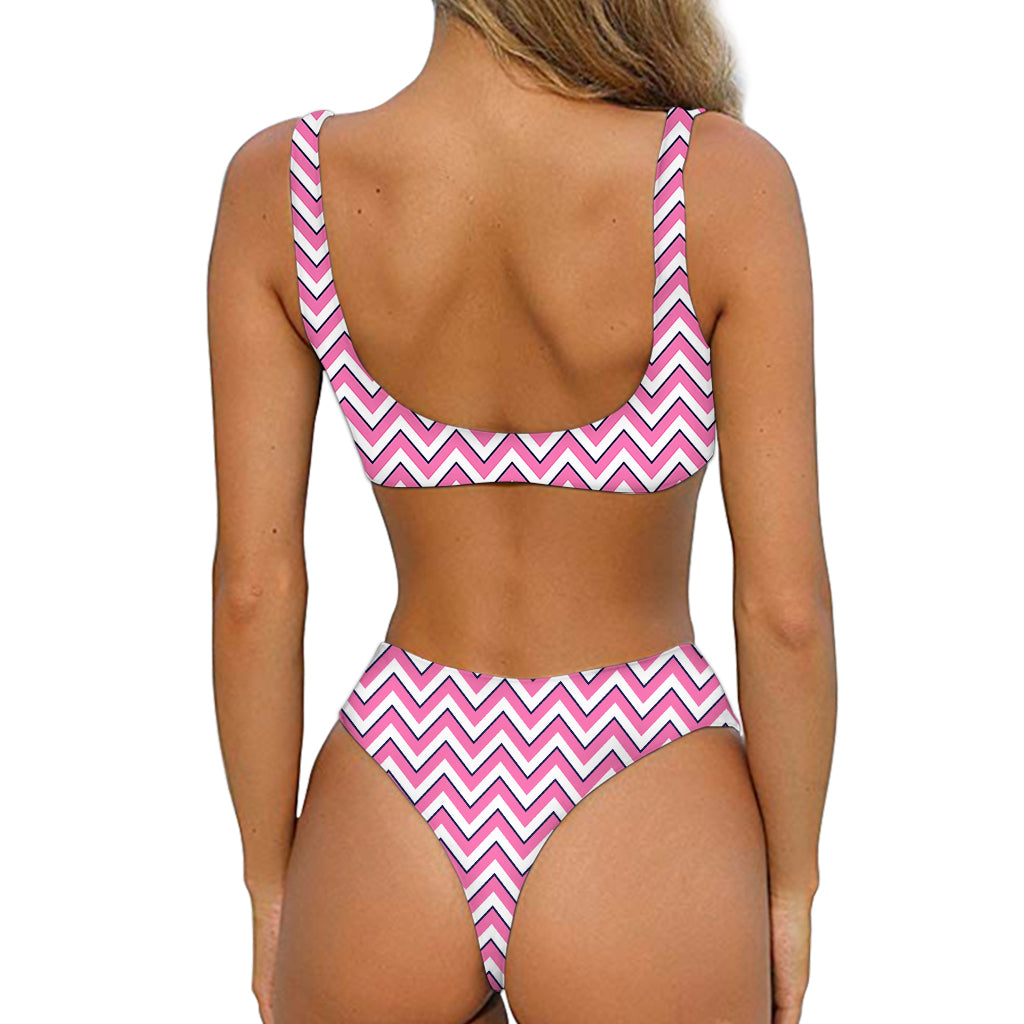 Pink White And Navy Chevron Print Front Bow Tie Bikini