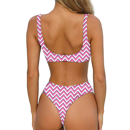 Pink White And Navy Chevron Print Front Bow Tie Bikini