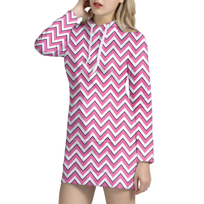 Pink White And Navy Chevron Print Hoodie Dress