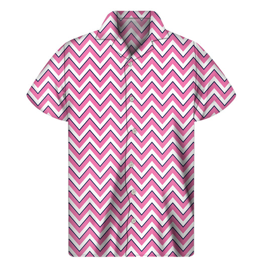 Pink White And Navy Chevron Print Men's Short Sleeve Shirt