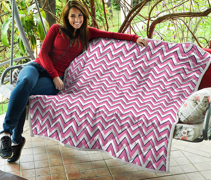 Pink White And Navy Chevron Print Quilt