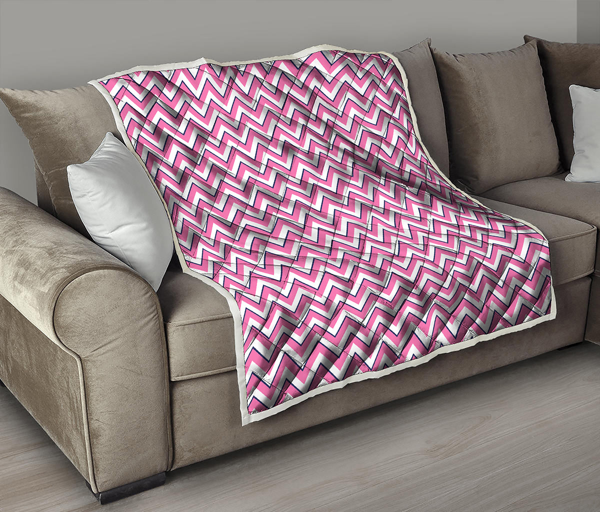 Pink White And Navy Chevron Print Quilt