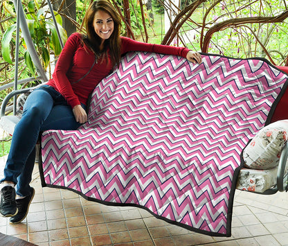 Pink White And Navy Chevron Print Quilt
