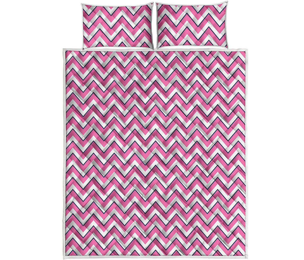 Pink White And Navy Chevron Print Quilt Bed Set