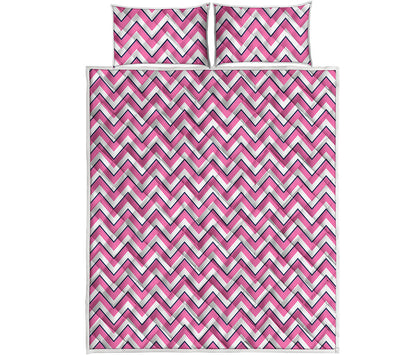 Pink White And Navy Chevron Print Quilt Bed Set