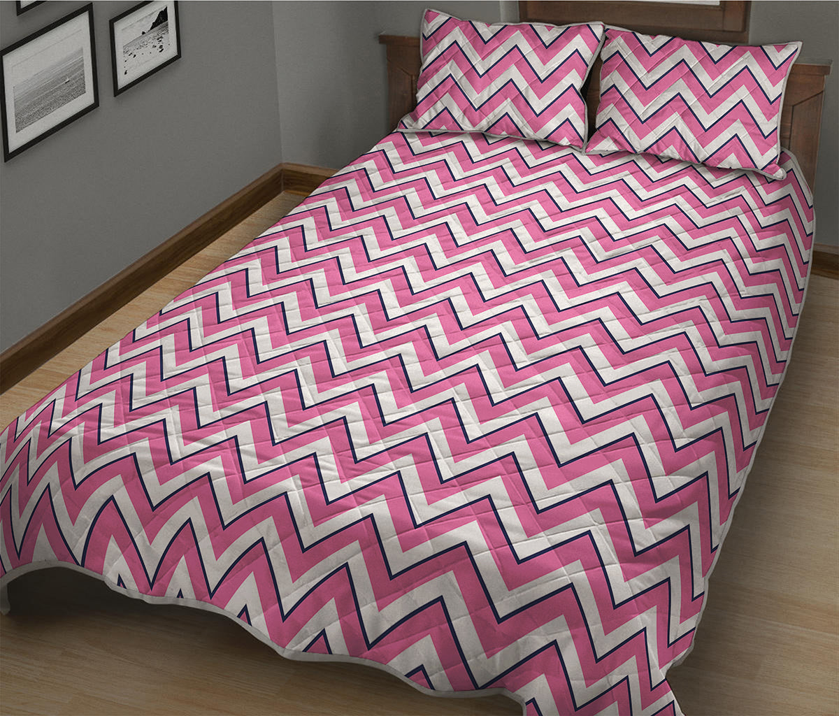 Pink White And Navy Chevron Print Quilt Bed Set