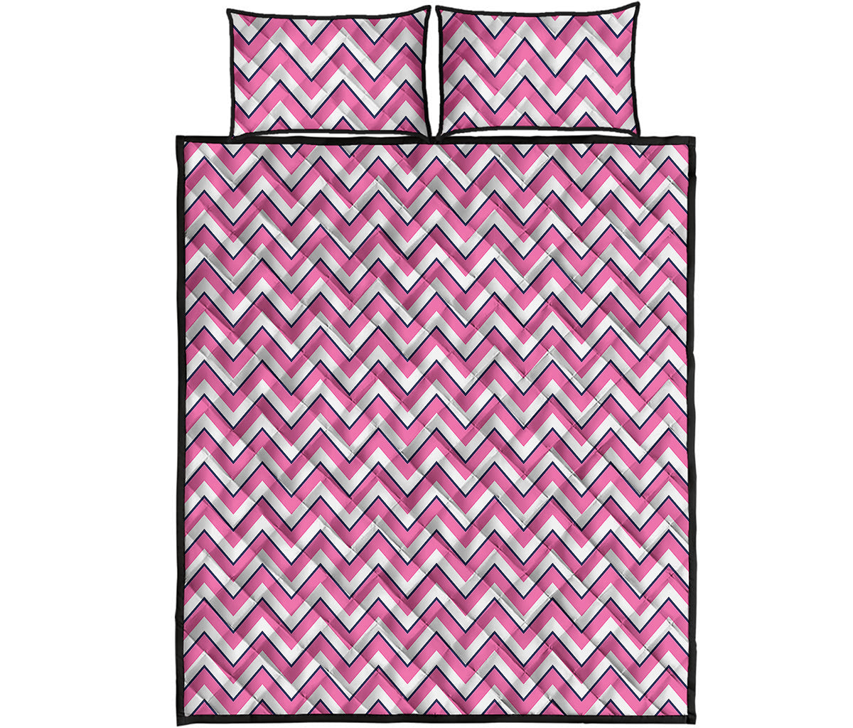 Pink White And Navy Chevron Print Quilt Bed Set