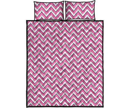 Pink White And Navy Chevron Print Quilt Bed Set