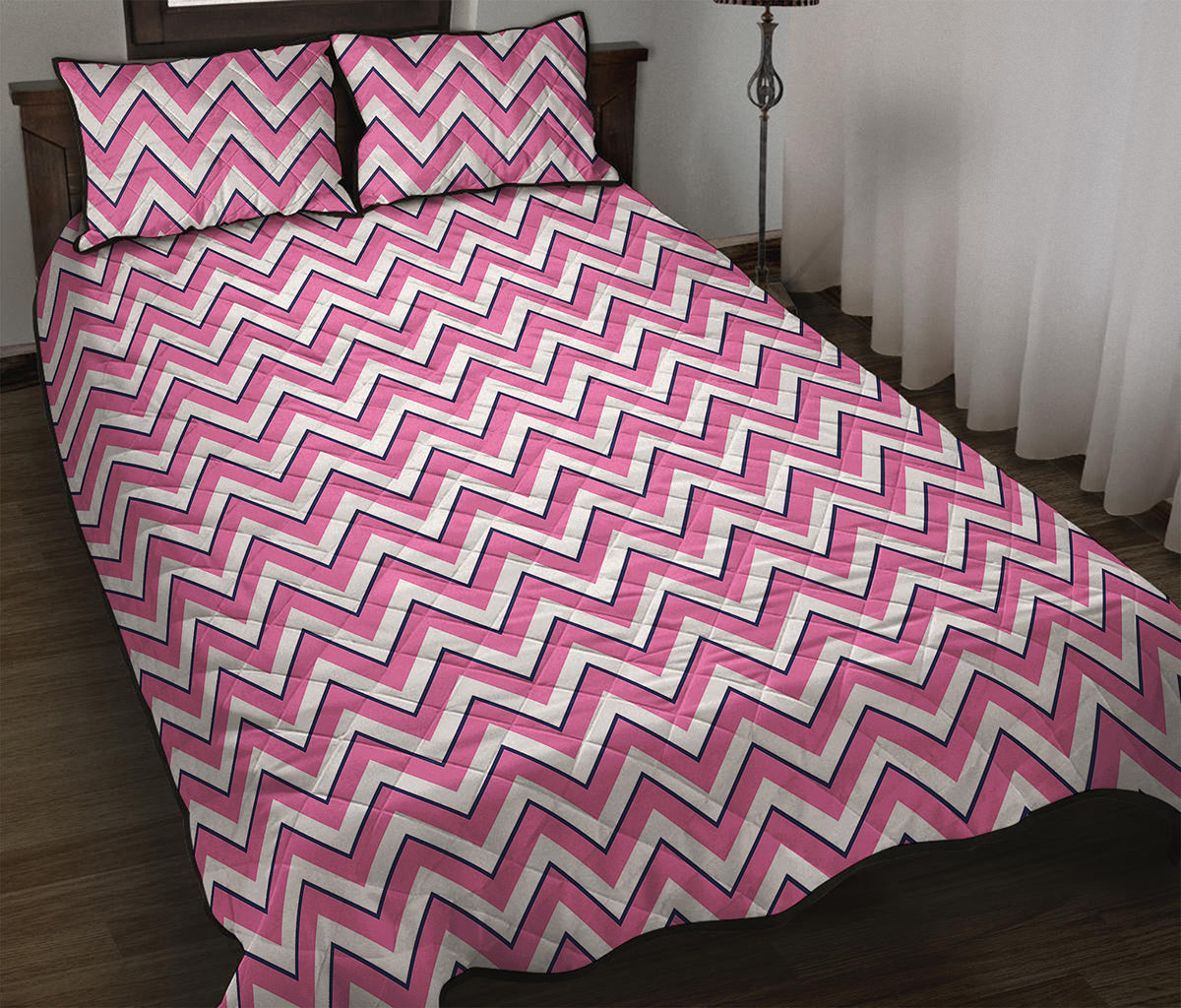 Pink White And Navy Chevron Print Quilt Bed Set