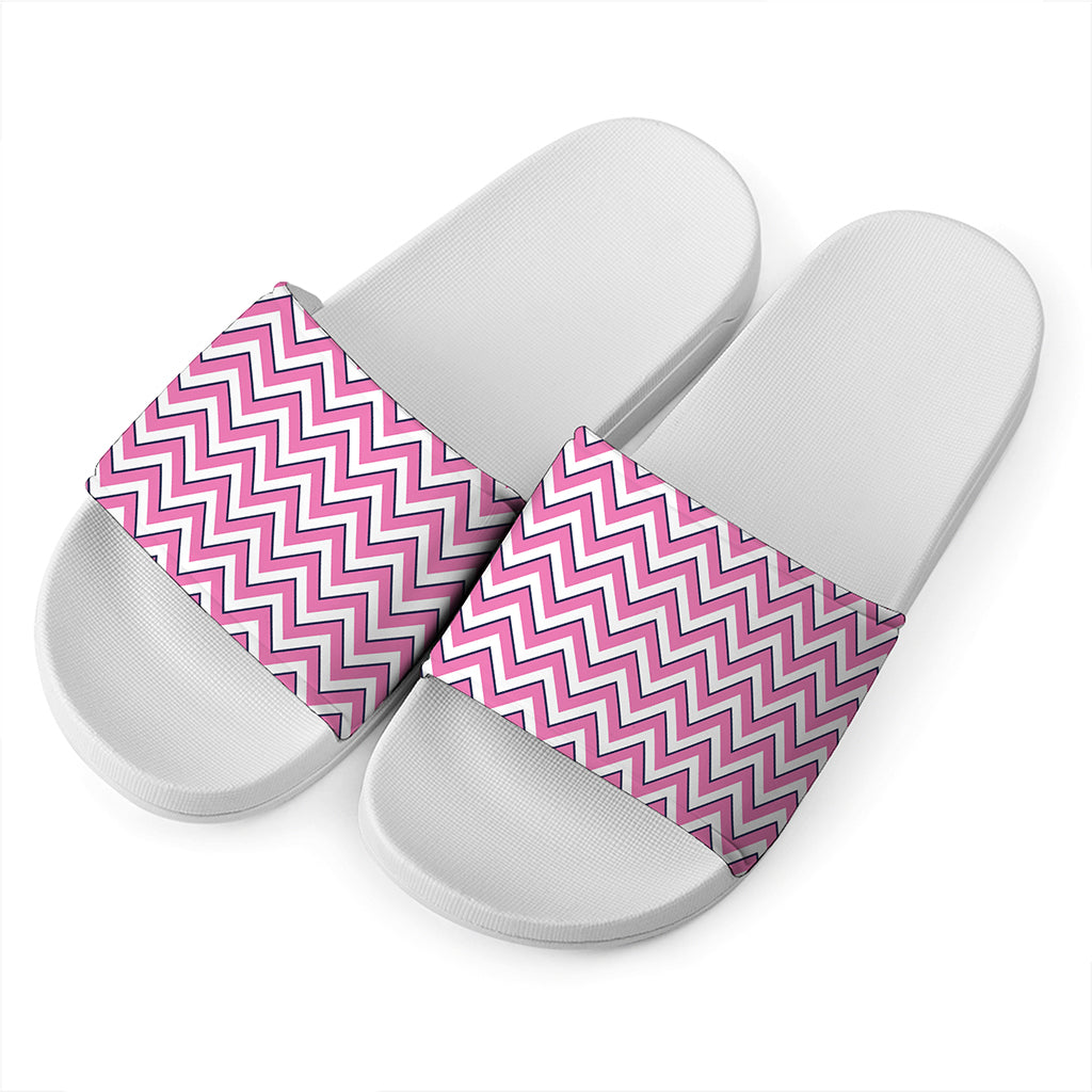 Pink White And Navy Chevron Print White Slide Sandals