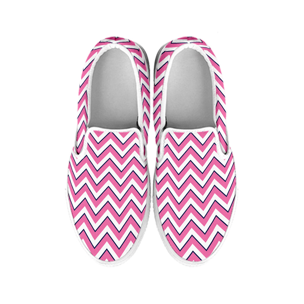 Pink White And Navy Chevron Print White Slip On Shoes