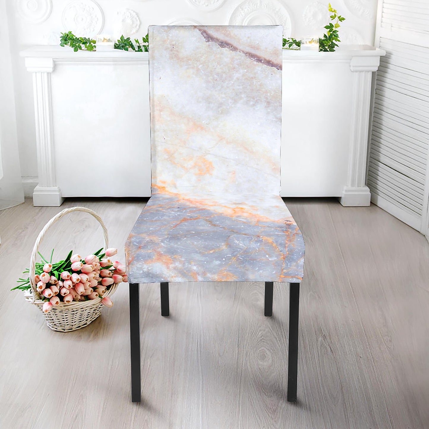 Pink White Grey Marble Print Dining Chair Slipcover