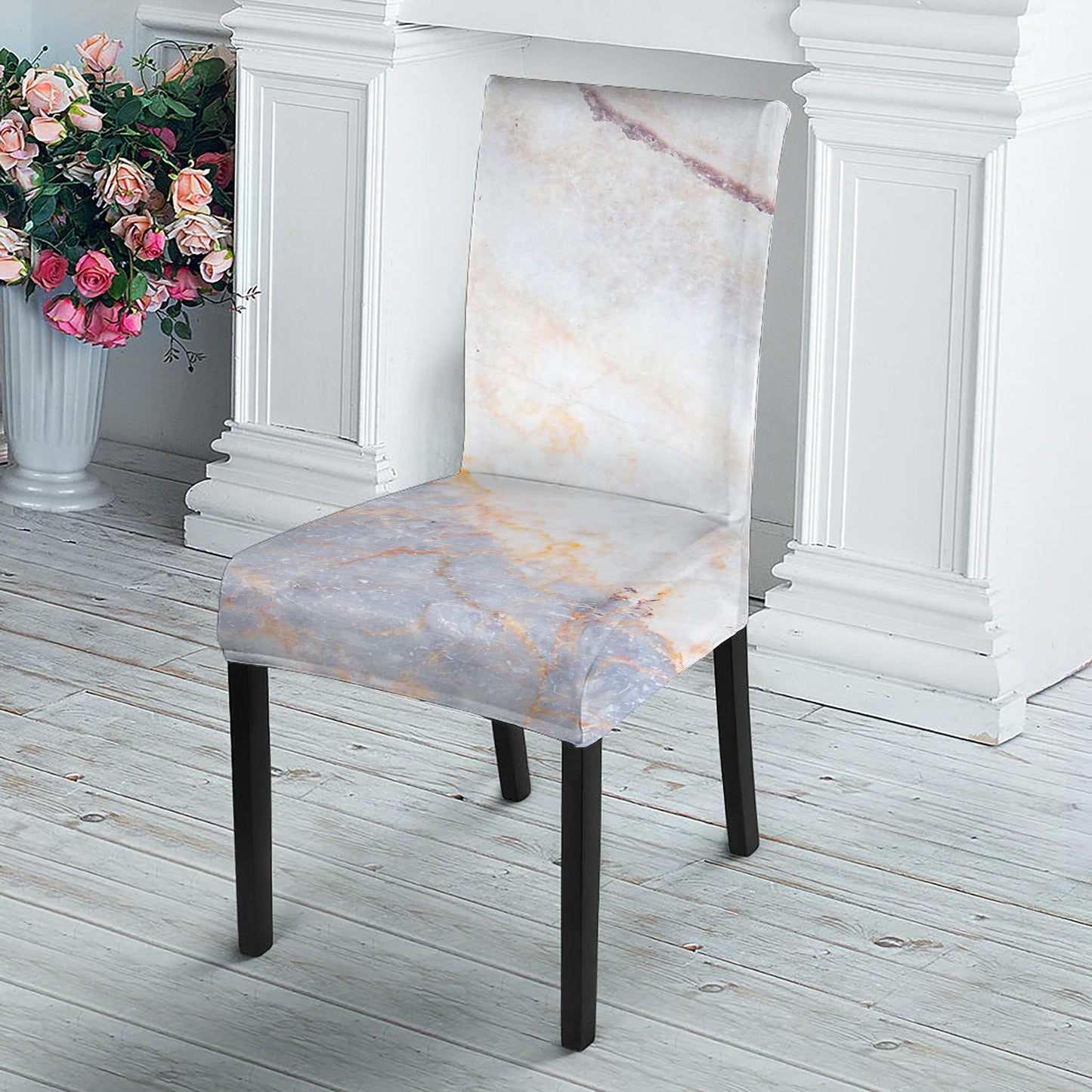 Pink White Grey Marble Print Dining Chair Slipcover
