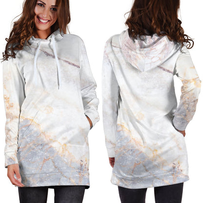 Pink White Grey Marble Print Hoodie Dress GearFrost