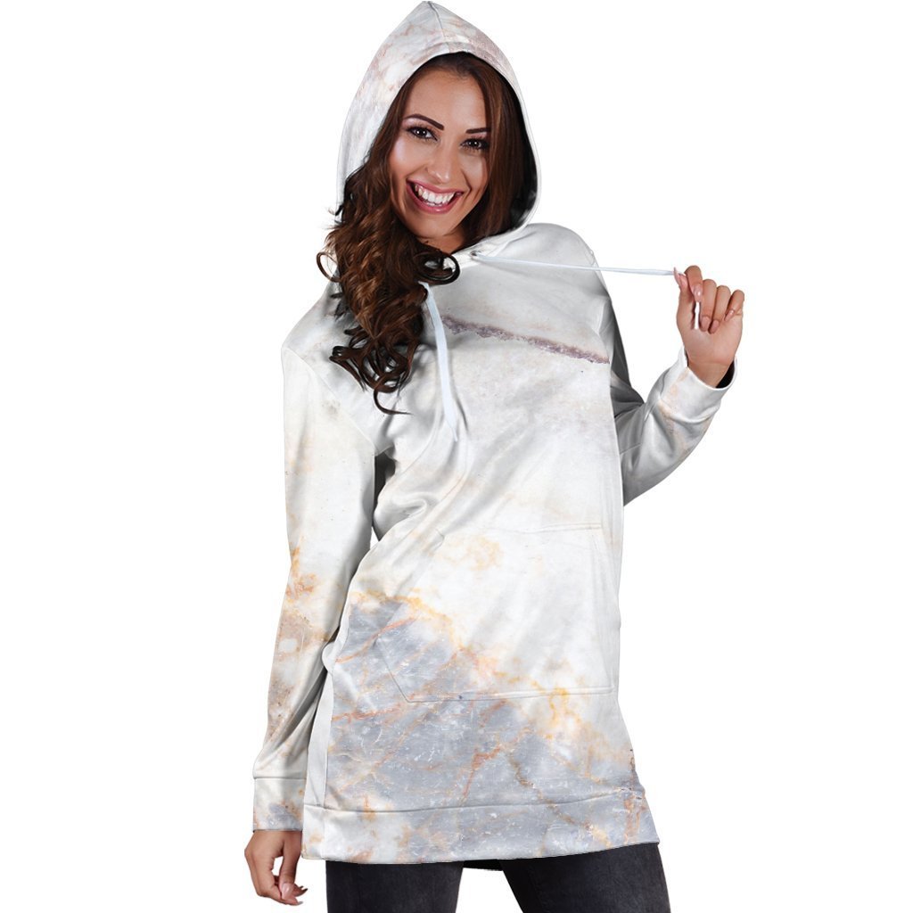Pink White Grey Marble Print Hoodie Dress GearFrost