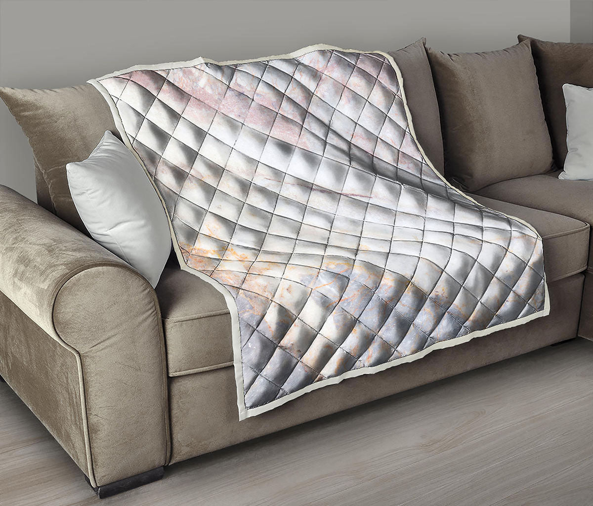 Pink White Grey Marble Print Quilt