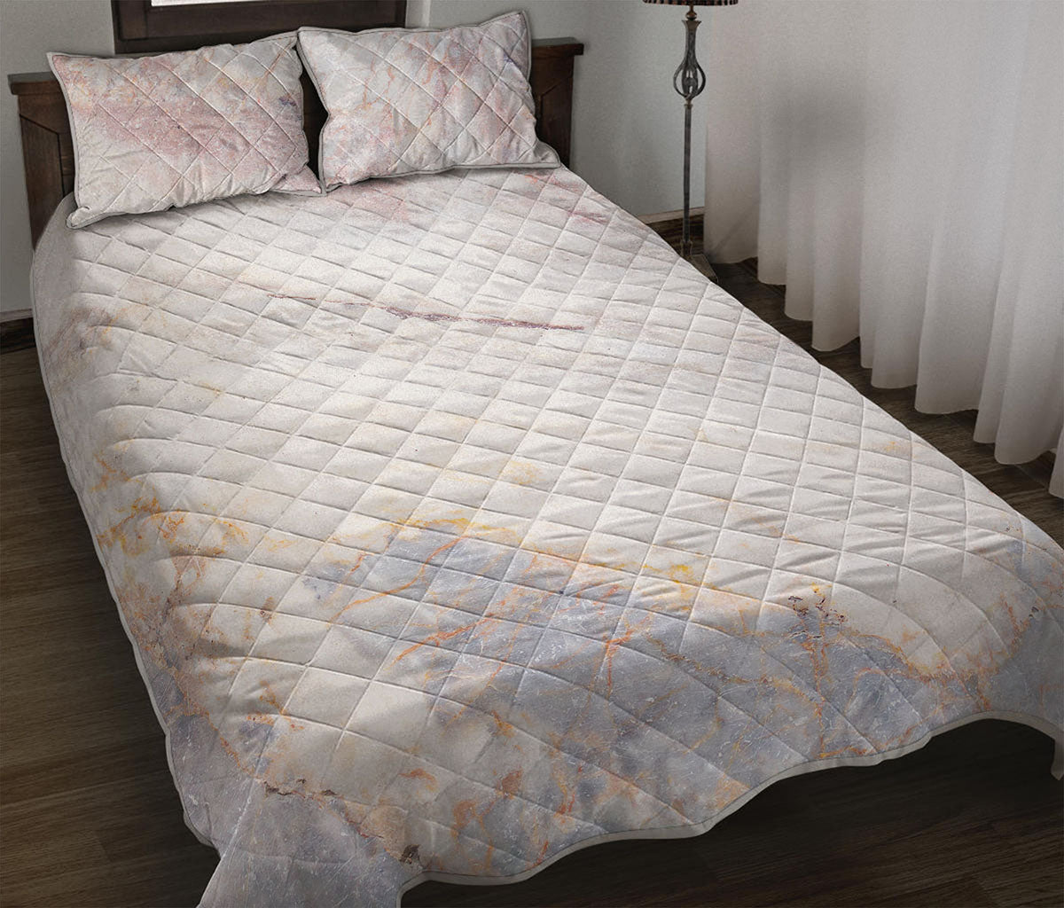Pink White Grey Marble Print Quilt Bed Set