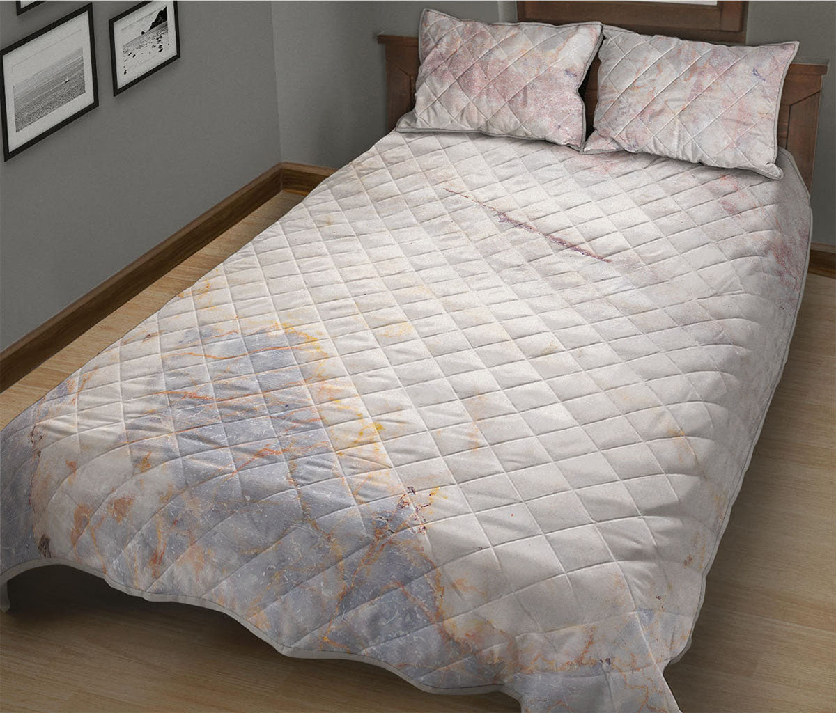 Pink White Grey Marble Print Quilt Bed Set
