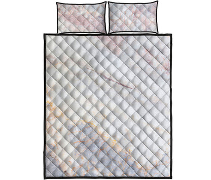 Pink White Grey Marble Print Quilt Bed Set
