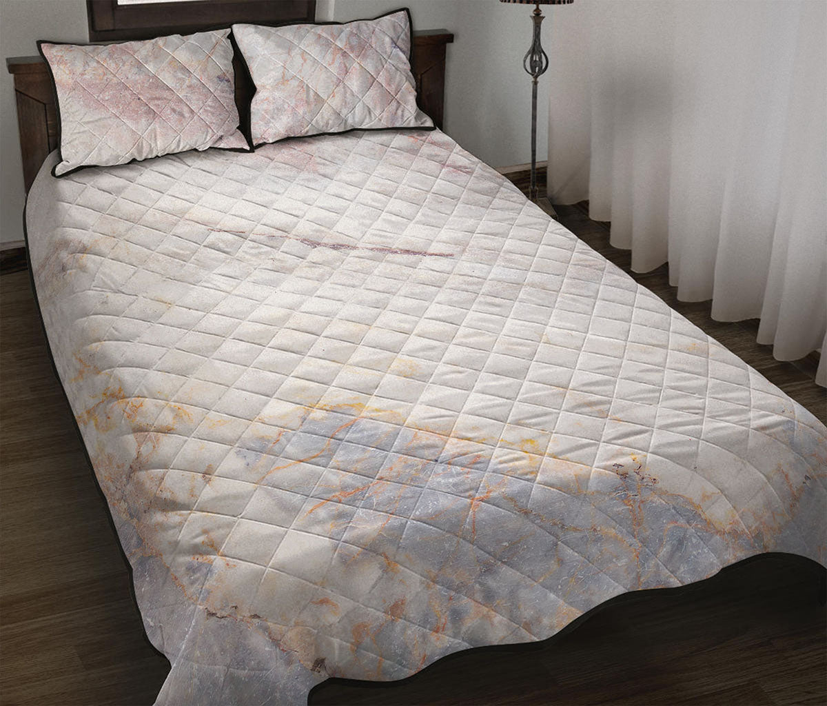 Pink White Grey Marble Print Quilt Bed Set