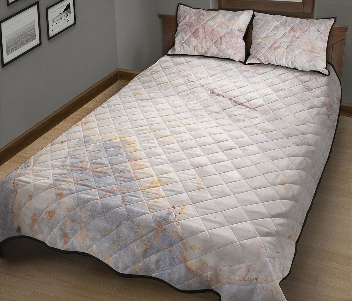 Pink White Grey Marble Print Quilt Bed Set