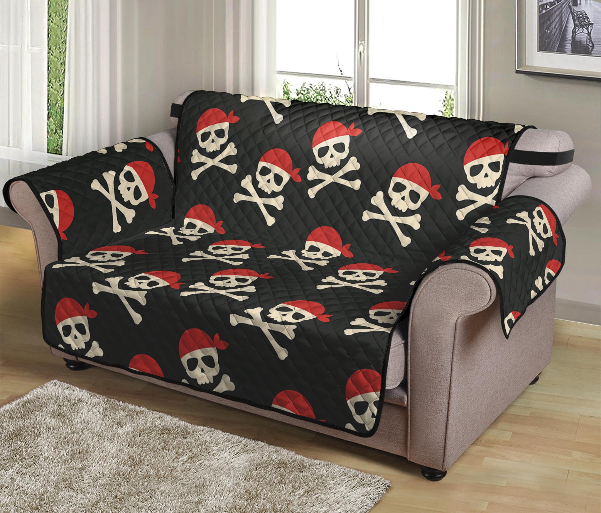 Pirate Skull Crossbones Pattern Print Loveseat Protector