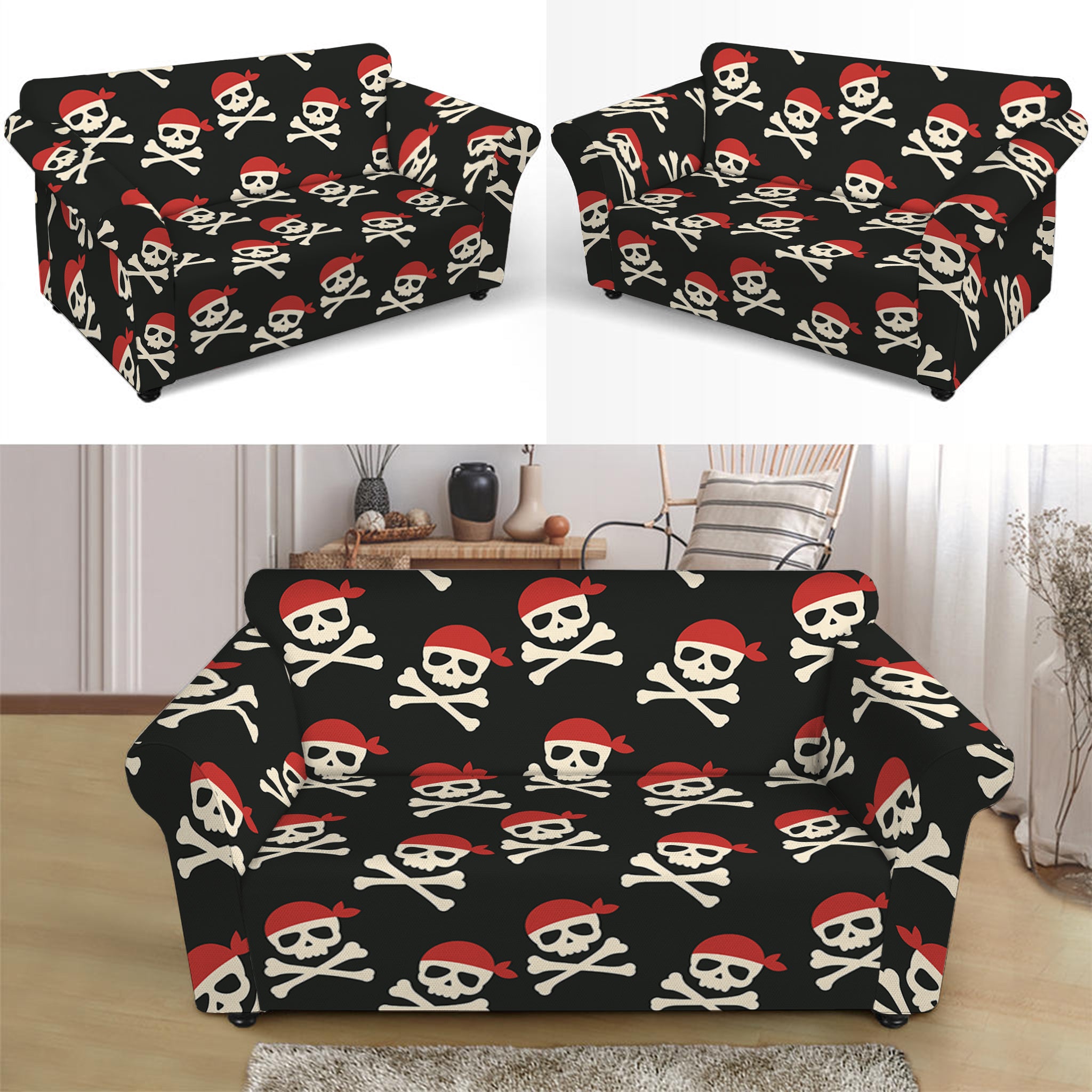 Pirate Skull Crossbones Pattern Print Loveseat Slipcover