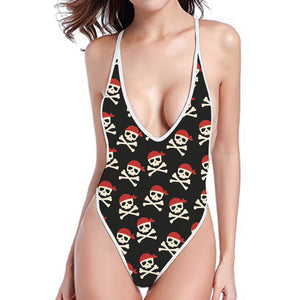 Pirate Skull Crossbones Pattern Print One Piece High Cut Swimsuit