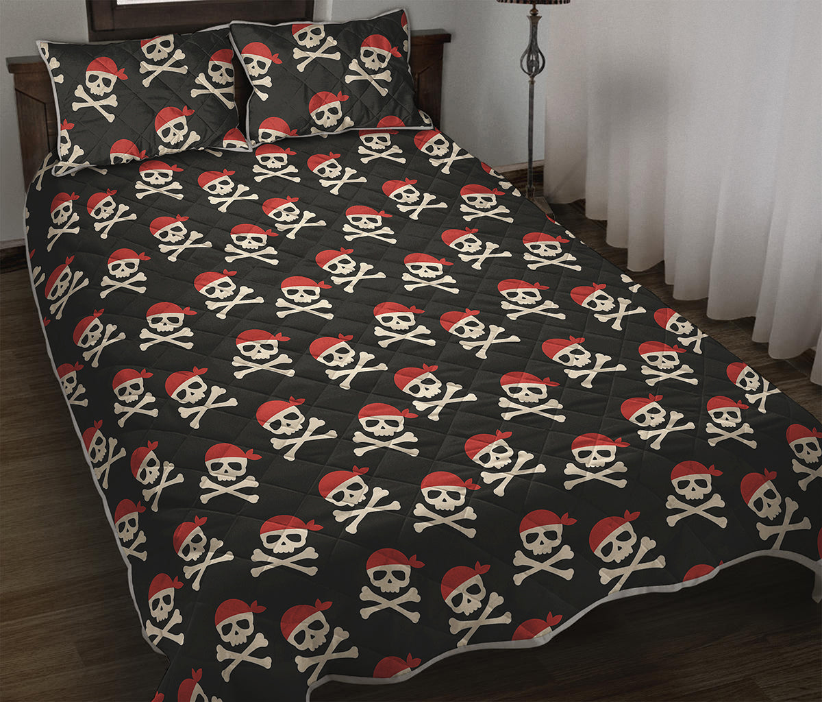 Pirate Skull Crossbones Pattern Print Quilt Bed Set
