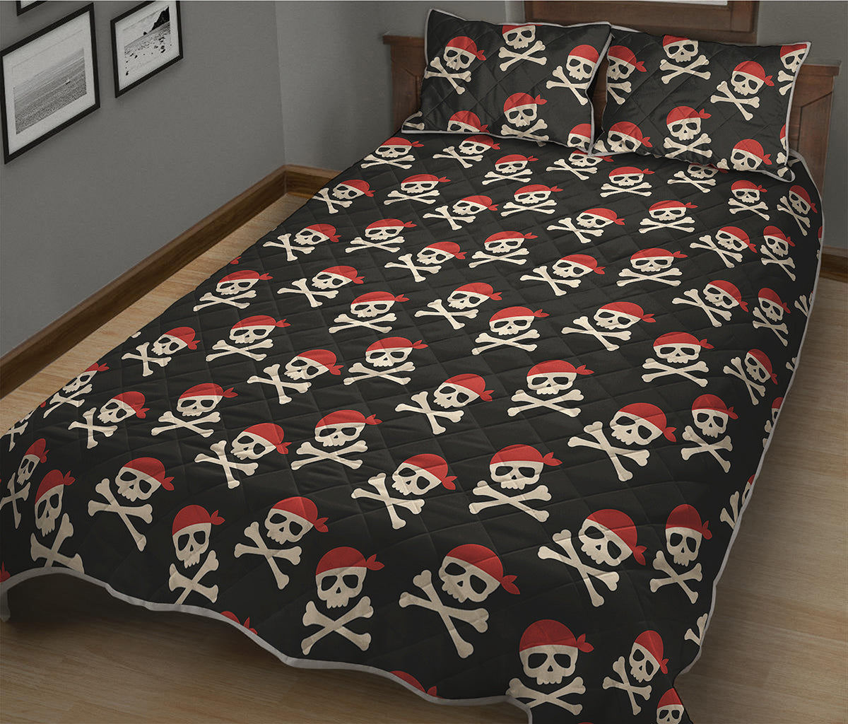 Pirate Skull Crossbones Pattern Print Quilt Bed Set
