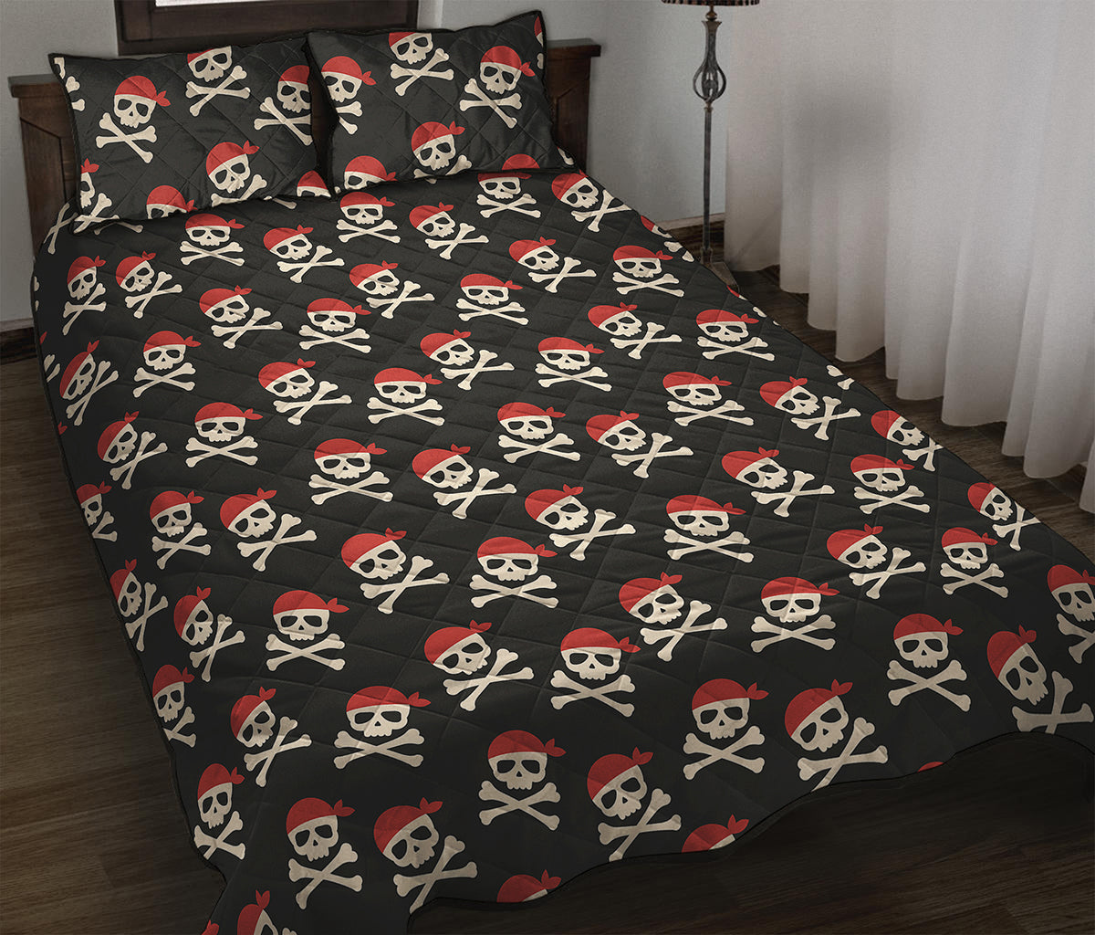 Pirate Skull Crossbones Pattern Print Quilt Bed Set