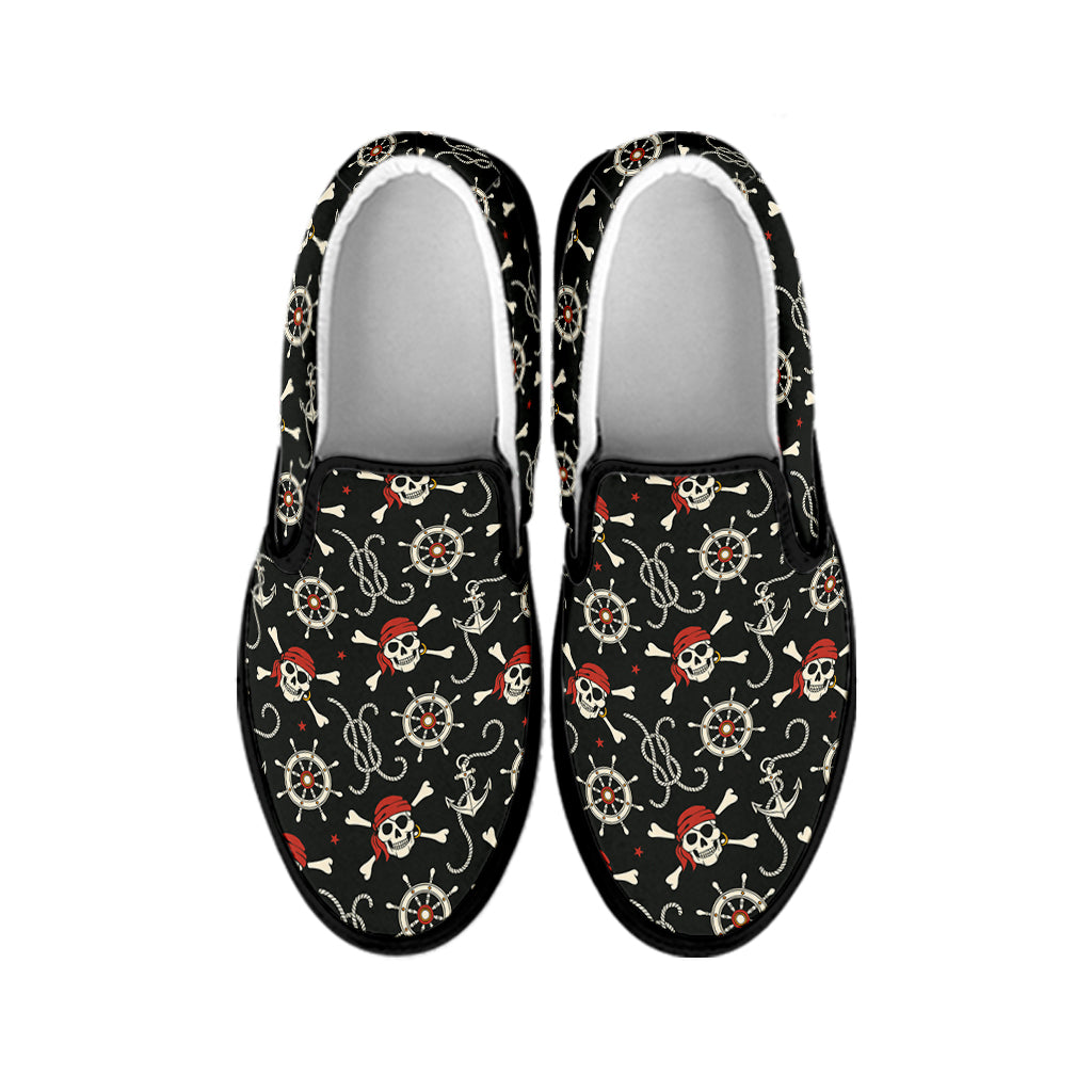 Pirate Theme Pattern Print Black Slip On Shoes