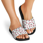 Pixel Cherry Pattern Print Black Slide Sandals