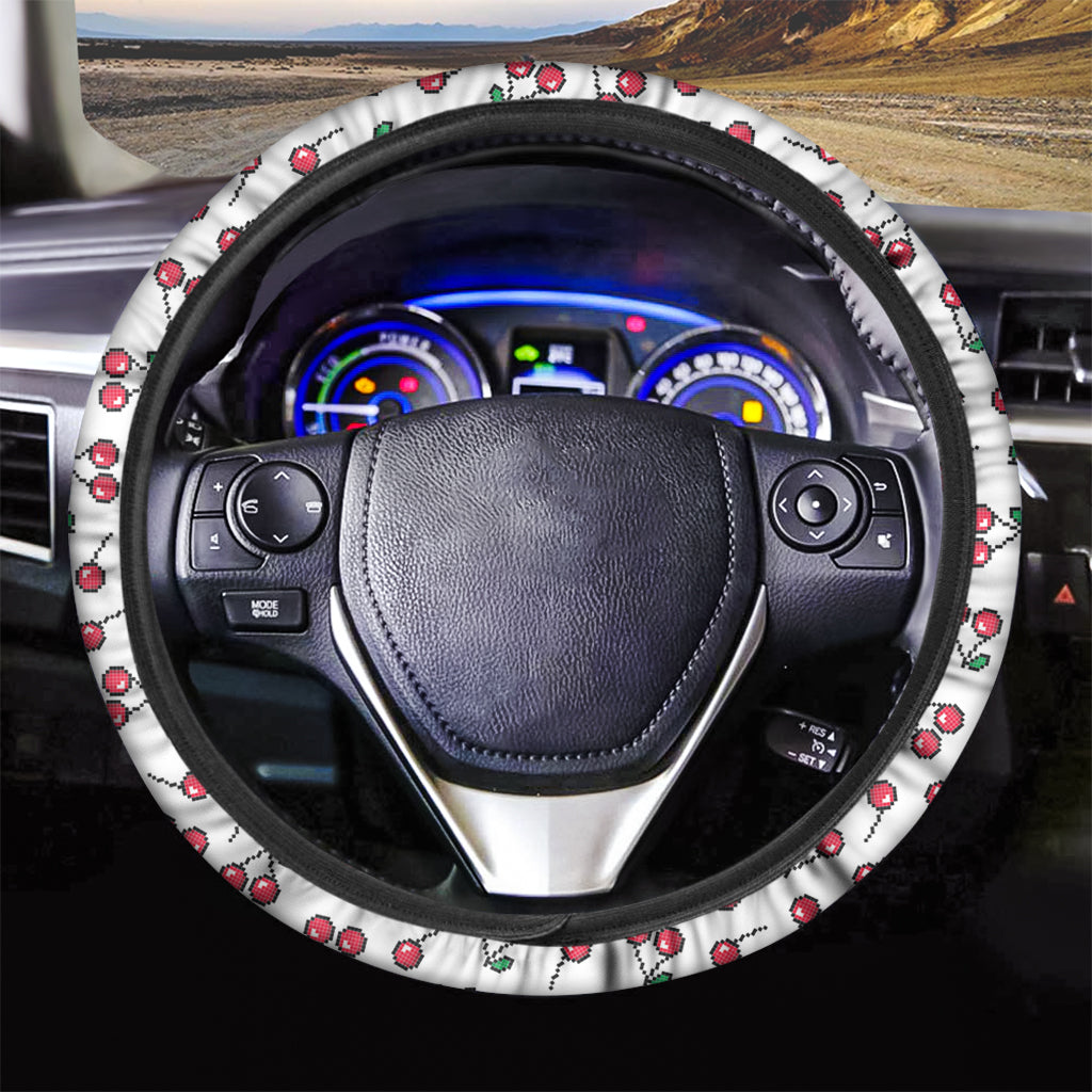 Pixel Cherry Pattern Print Car Steering Wheel Cover