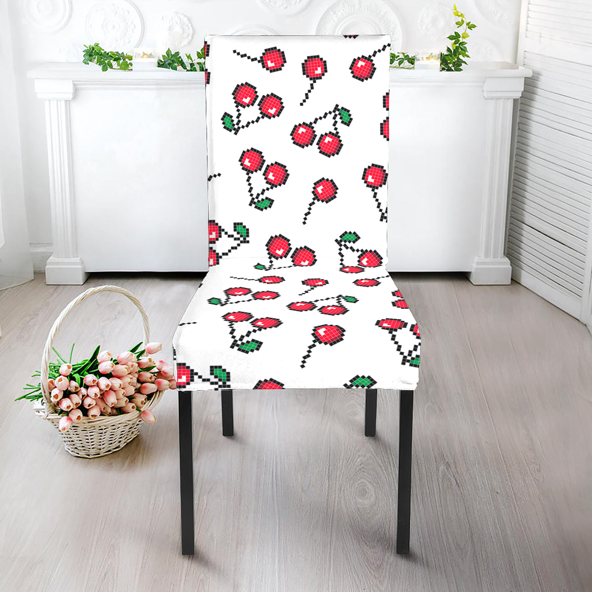 Pixel Cherry Pattern Print Dining Chair Slipcover