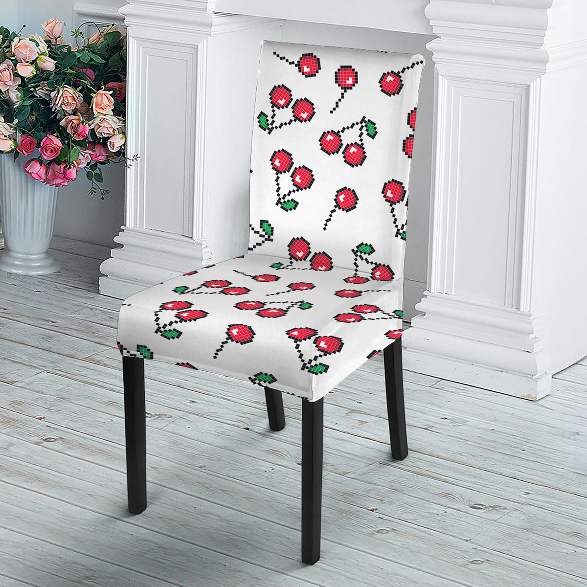 Pixel Cherry Pattern Print Dining Chair Slipcover