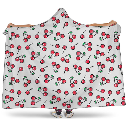 Pixel Cherry Pattern Print Hooded Blanket