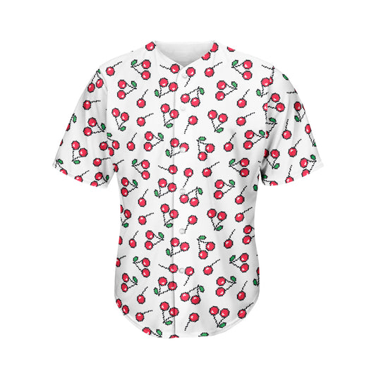 Pixel Cherry Pattern Print Men's Baseball Jersey