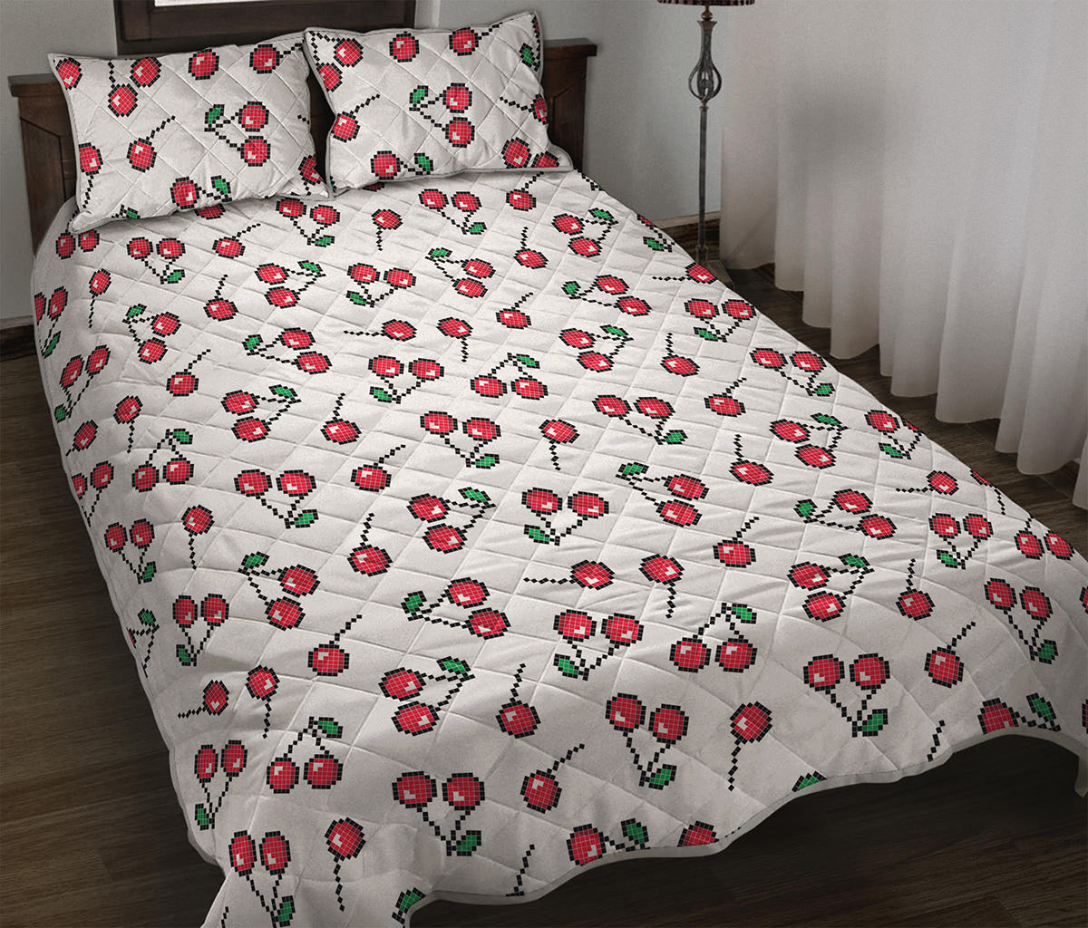 Pixel Cherry Pattern Print Quilt Bed Set