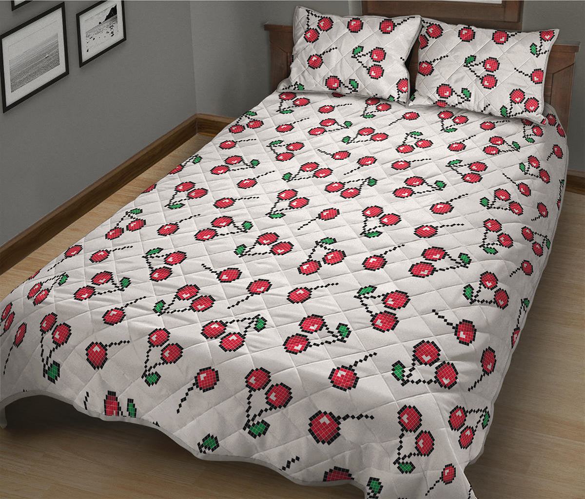 Pixel Cherry Pattern Print Quilt Bed Set